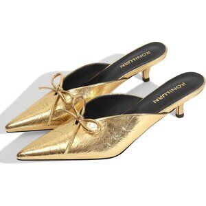 RONILURN Kitten Heel Gold Faux Leather Women Pumps Bow Closed Toe Pointed Toe